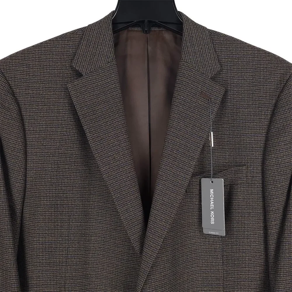 Michael Kors Mens Classic Fit Sport Coat 46L Brown Blue Houndstooth Stretch NWT